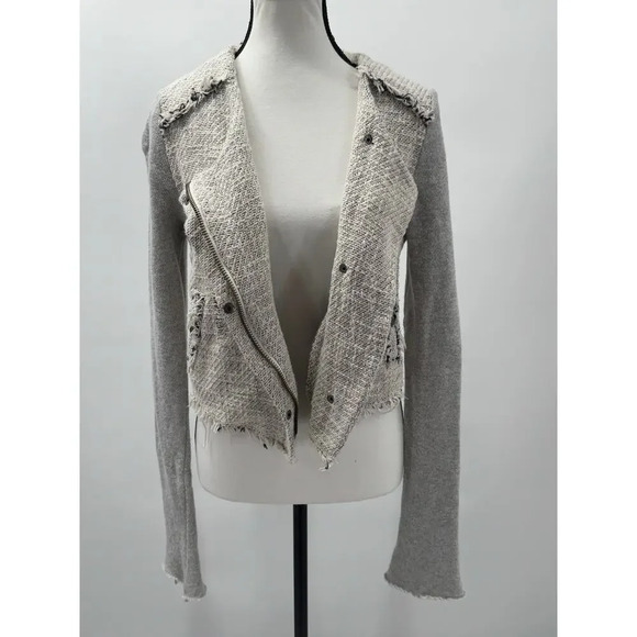 We The Free Women's Gray Tweed Crop Moto Jacket Frayed Hem 100% Cotton Size 6 - Picture 2 of 8